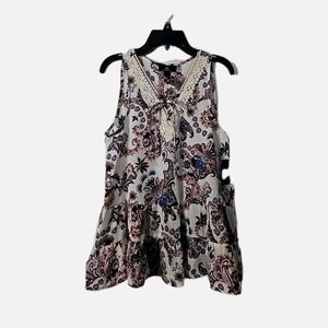 I.N.‎ San Francisco Sleeveless Blouse, Large, Ruffles & Lace. NWT White Paisley.